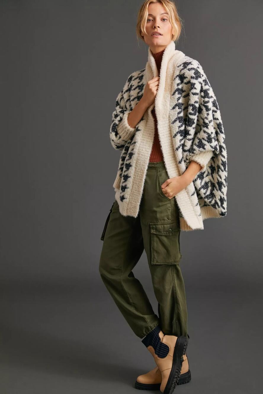 Anthro Eyelash Knit Houndstooth Open Cardigan Shawl Office Workwear Academia OS